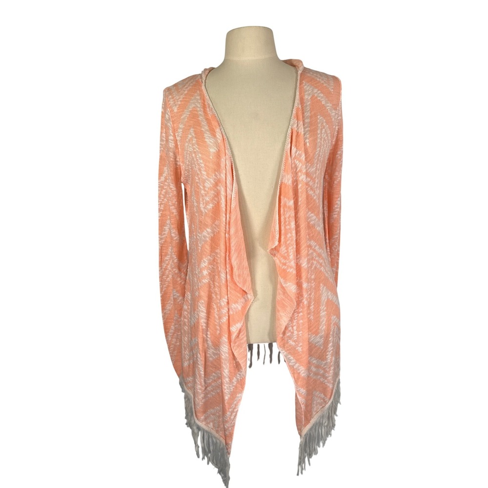 Maurices Womens Large Coral Chevron Fringe Hooded Open Front Cardigan NWT